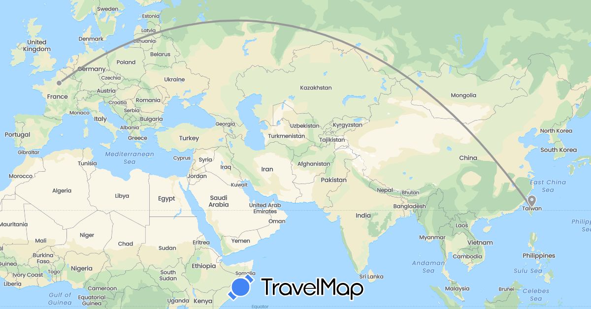 TravelMap itinerary: driving, plane in France, Taiwan (Asia, Europe)